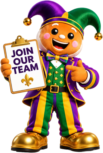 Mr. Carnival, the Carnival Tax mascot, holding a Join Our Team sign